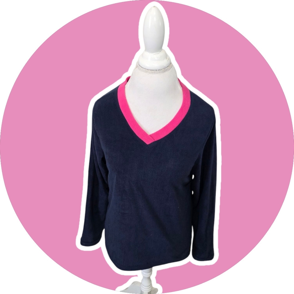 Navy V-Neck Sweater with Pink Trim Sz M